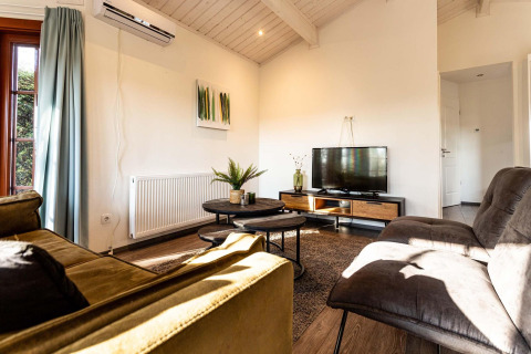 Sala de Log Cabin II Wellness en Résidence de Leuvert, Países Bajos, con sofás modernos y televisión.