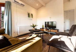 Stue i Log Cabin II Wellness på Résidence de Leuvert i Holland med moderne sofa, tv og grøn udsmykning.