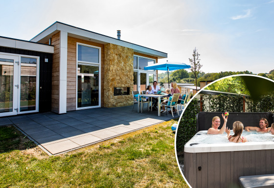 Familie nyder solrig terrasse og spabad ved Collosseo Wellness (Spa) lodge, omgivet af grøn natur.