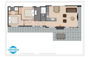 Grundriss des Collosseo Wellness Spa Lodges in Résidence Valkenburg, Niederlande, mit Wohnzimmer und Terrasse.