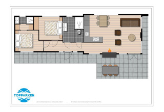 Plan du lodge Collosseo Wellness à Résidence Valkenburg, Pays-Bas, montrant chambres, cuisine et terrasse.