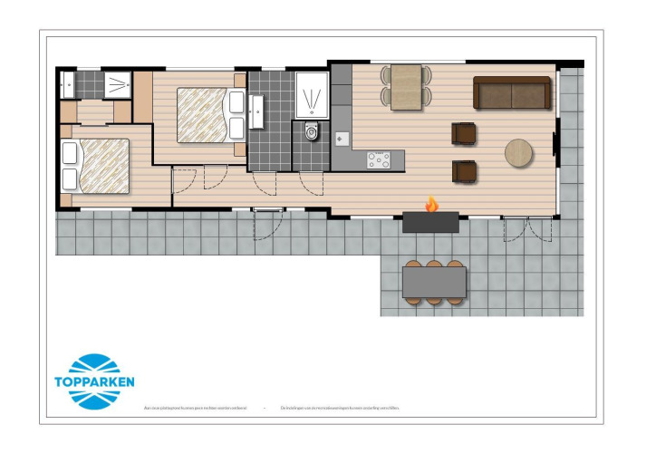 Floor plan of Collosseo Wellness lodge at Résidence Valkenburg, Netherlands, showing bedrooms, kitchen, and patio.