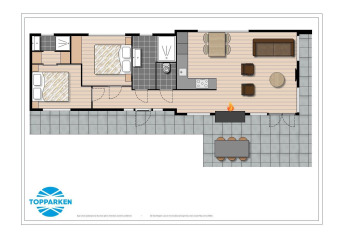 Plano del lodge Collosseo Wellness en Résidence Valkenburg, Países Bajos, con dormitorios, cocina y patio exterior.