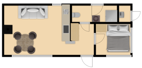 Plano de la Koya Tiny Cabin en Wilsumer Berge, Alemania, con sala, cocina, baño y dormitorio visibles.