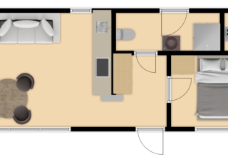 Plano de la Koya Tiny Cabin en Wilsumer Berge, Alemania, con sala, cocina, baño y dormitorio visibles.