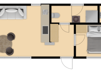 Plantegning af Koya Tiny Cabin i Wilsumer Berge, Tyskland, med stue, køkken, badeværelse og soveværelse.