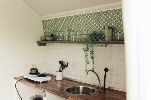 Kleine keuken in een hut met groene tegels, houten aanrechtblad, open plank en hangplant.