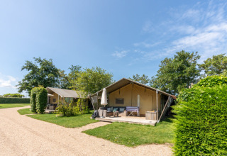 Tiendas safari en 7Huizen aan Zee en Países Bajos, con terrazas, jardines y un cielo despejado.