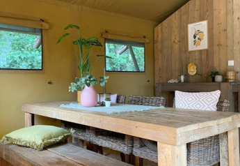 Innenraum eines Safari-Zeltes mit Holztisch, Rattanstühlen und grünen Pflanzen bei 7Huizen aan Zee.