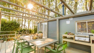 Udendørs terrasse ved Lodge 2 og 3 med spisebord, grønne stole og grill, omgivet af skov og sollys.