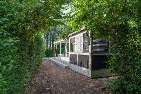 Vue extérieure des Lodge 1 et 4 à 7Huizen aan Zee aux Pays-Bas, entourées d’arbres verts luxuriants.
