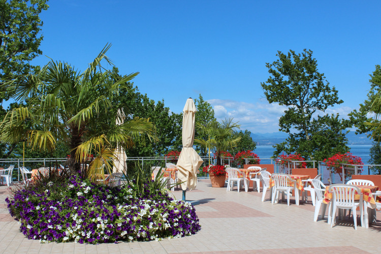 Outdoor terrace at Camping Cisano/San Vito in Veneto, Italy with flowers, palm trees, tables, and chairs.