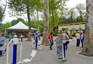 People use outdoor gym equipment among large trees at Camping Cisano/San Vito holiday park in Veneto, Italy.