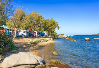 Camper e tende tra gli alberi sulla spiaggia del Camping Gasparina in Veneto, Italia, con vista sul mare.