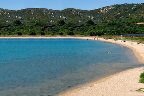 Playa de arena tranquila con agua azul clara, personas tomando el sol y nadando, colinas verdes detrás.