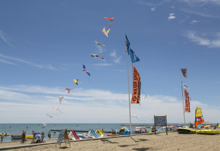 Scena sulla spiaggia al Camping Pra'delle Torri in Veneto, Italia, con aquiloni colorati e bandiere per sport acquatici.
