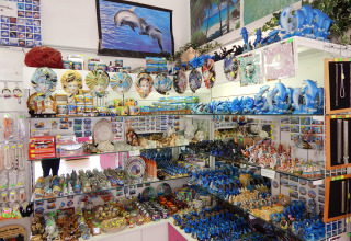 Souvenirwinkel bij Camping Pra'delle Torri in Veneto, Italië, vol beeldjes, juwelen en toeristische hebbedingen.