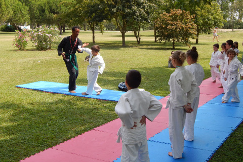 Bambini che praticano arti marziali all'aperto al Camping Pra'delle Torri, Veneto, Italia.