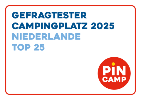 Award for most popular campsite 2025 Netherlands Top 25, presented by PiNCAMP, with a red logo.