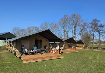 Safari tent with toilet, people relaxing on wooden decks under blue sky, surrounded by trees and grass.