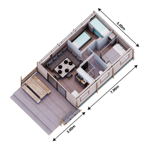 3D plantegning af Family Glampingtent - IEPER med terrasse, opholdsstue, soveværelser og køkken.