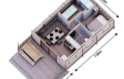 3D-Grundriss des Family Glampingtent - IEPER mit Terrasse, Wohnzimmer, Schlafzimmern und Küche.