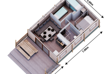Plano 3D de Family Glampingtent - IEPER en Urban-Gardens Ieper con terraza, sala y habitaciones.