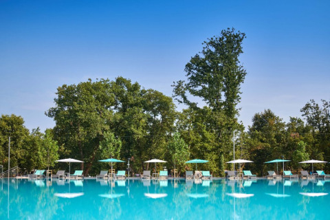 Großer Swimmingpool mit Liegestühlen und Schirmen, umgeben von Bäumen im Camping Park Umag, Istrien.