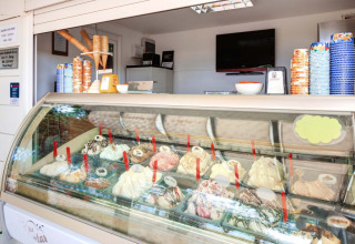 Eistheke mit verschiedenen Sorten Gelato im Camping Park Umag, einem Ferienpark in Istrien, Kroatien.