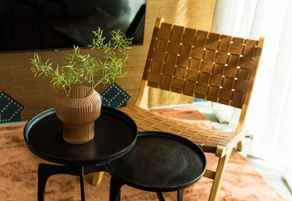 Silla moderna y mesas redondas con un jarrón de ramas verdes en una acogedora casa diminuta en los Países Bajos.