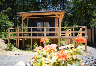 Edelweiss-houten lodge met groot terras in een bosrijk gebied, bloemen op de voorgrond, zonnig weer.