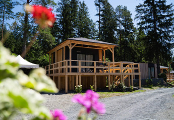 Edelweiss-lodge aan Ossiacher See in Oostenrijk, tussen bomen en bloemen op een zonnige, heldere dag.