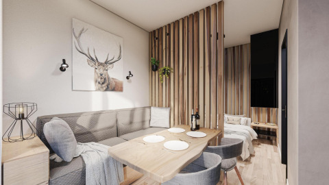 Lodge moderno en Edelweiss, Ossiacher See, Austria, con zona de comedor acogedora y decoración elegante.