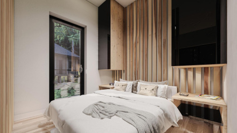 Modernes Schlafzimmer mit Holzverkleidung und großem Fenster, Lodge Edelweiss am Ossiacher See, Österreich.