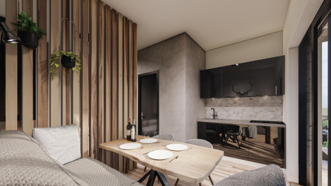 Modern lodge at Ossiacher See, Austria, featuring bright wood decor, compact kitchen, and dining area.