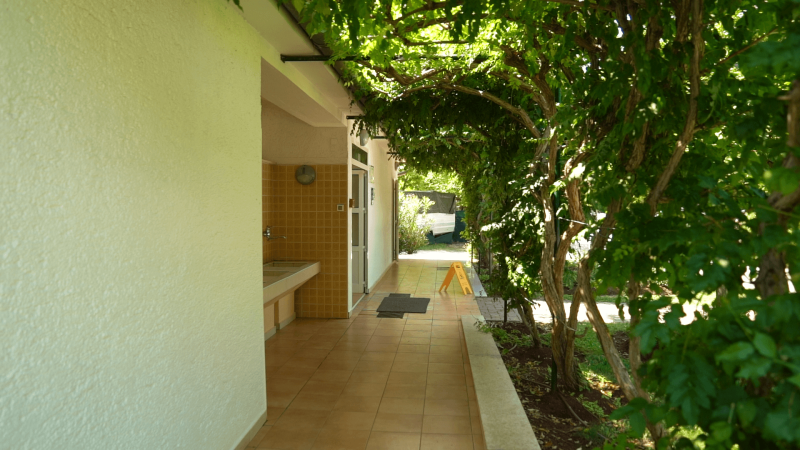 Shaded walkway with green trees and tiles at Camping Zelena Laguna holiday park in Istria, Croatia.