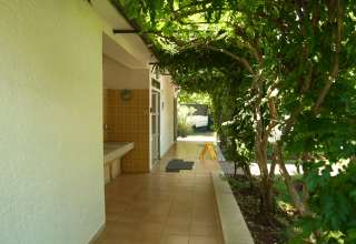 Schaduwrijke gang met groene bomen en tegels bij Camping Zelena Laguna vakantiepark in Istrië, Kroatië.