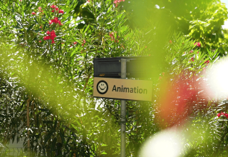 Sign at Camping Zelena Laguna, Istria, Croatia, pointing to the animation area surrounded by greenery.