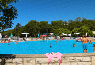 Udendørs swimmingpool med gæster, parasoller og grønne træer på Camping Zelena Laguna i Istrien, Kroatien.
