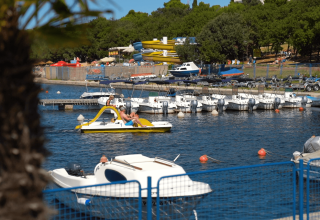 Barche, pedalò e turisti rilassati al porto turistico del Camping Zelena Laguna, Istria, Croazia.