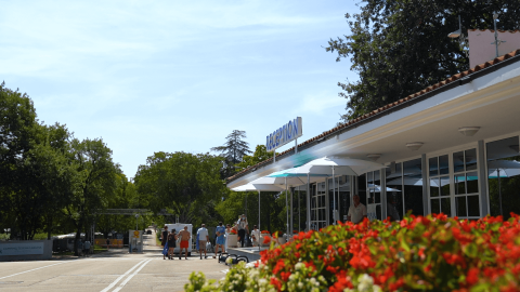 Menschen gehen zum Empfang von Camping Zelena Laguna in Istrien, Kroatien, mit Blumen im Vordergrund.