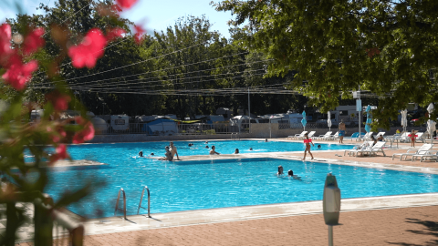 Piscina al aire libre con visitantes nadando y descansando en Camping Bijela Uvala, parque vacacional en Istria, Croacia.