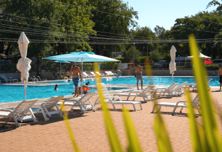 Außenpool mit Liegestühlen, Sonnenschirmen und Gästen im Camping Bijela Uvala, Istrien, Kroatien.