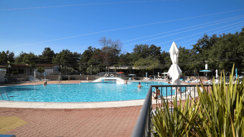 Piscina exterior en Camping Bijela Uvala, Istria, Croacia, con tumbonas y sombrillas bajo un cielo despejado.