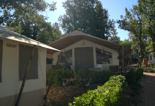 Tende e edificio principale all’ombra degli alberi al camping Bijela Uvala, parco vacanze in Istria, Croazia.
