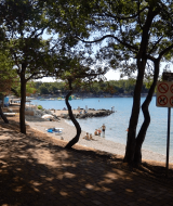 Sendero sombreado con vista a la playa y el mar en Camping Bijela Uvala, parque vacacional en Istria, Croacia.