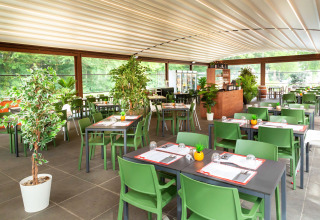 Sala ristorante moderna con sedie verdi e piante a hu Birkelt Village, villaggio vacanze a Mersch, Lussemburgo.