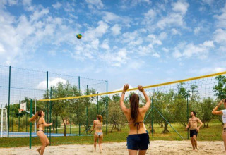 Unge mennesker spiller beachvolleyball under en blå himmel på Camping Aminess Maravea, Istrien, Kroatien.