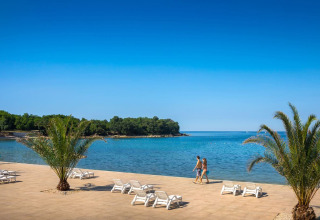 Scorcio della spiaggia al Camping Aminess Maravea in Istria, Croazia, con palme, sdraio e mare limpido.