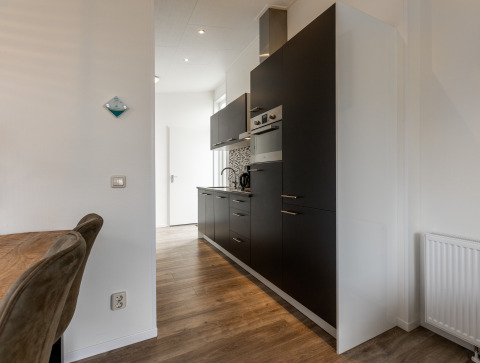 Moderne keuken in Biebosch - tuinhuis op Resort Mooi Bemelen, Nederland, met donkere kasten en houten vloer.